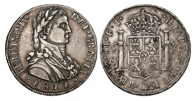 8 REALES. Santiago. 1811-FJ. Fecha con dígitos separados e inclinados a dcha. XC...