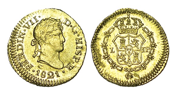 1/2 ESCUDO. Lima. 1821-JP. Hojita en rev. XC-358. 1,67 g. Pleno brillo original....