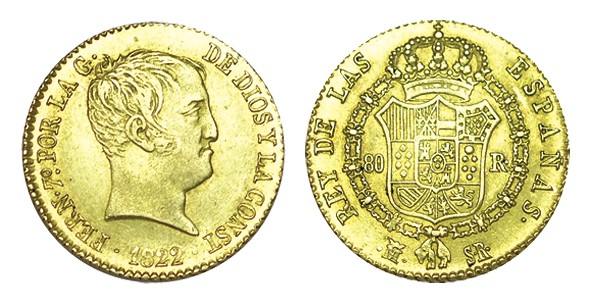 80 REALES. Madrid. 1822-SR. XC-218. 6,76 g. MBC-