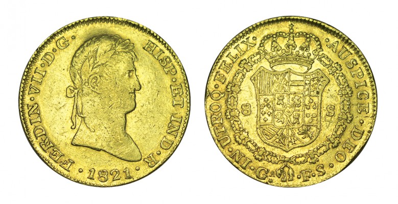 8 ESCUDOS. Guadalajara. 1821-FS. XC-7, CO-1204. Escudete normal. 26,85 g. RARA. ...