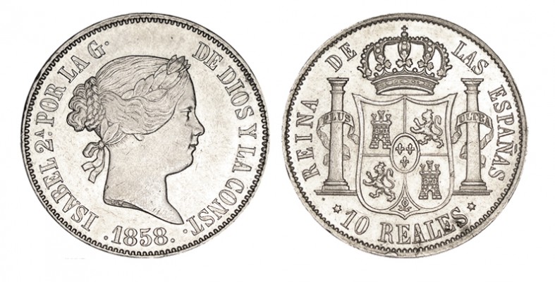 10 REALES. Madrid. 1858. XC-227. 12,86 g. ESCASA. EBC+