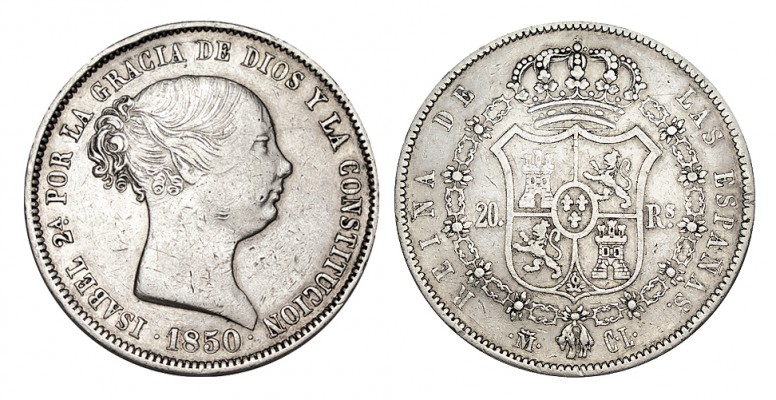 20 REALES. Madrid. 1850-CL. XC-170. 25,81 g. MBC