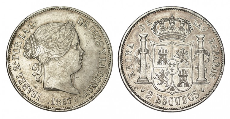 2 ESCUDOS. Madrid. 1867. XC-204. 25,94 g. MBC+/EBC-