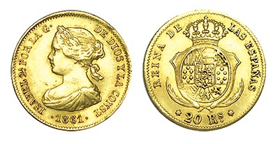 20 REALES (oro). Madrid. 1861. XC-119. 1,56 g. ESCASA. MBC/MBC+