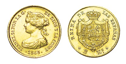 2 ESCUDOS. Madrid. 1865. XC-122. 1,71 g. ESCASA. MBC/MBC+