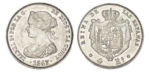 4 ESCUDOS. Madrid. 1867. Falsa de época en platino. 3,50 g. Magnífico ejemplar p...