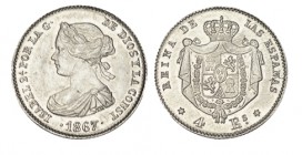 4 ESCUDOS. Madrid. 1867. Falsa de época en platino. 3,50 g. Magnífico ejemplar para este tipo. RARA. EBC/EBC+