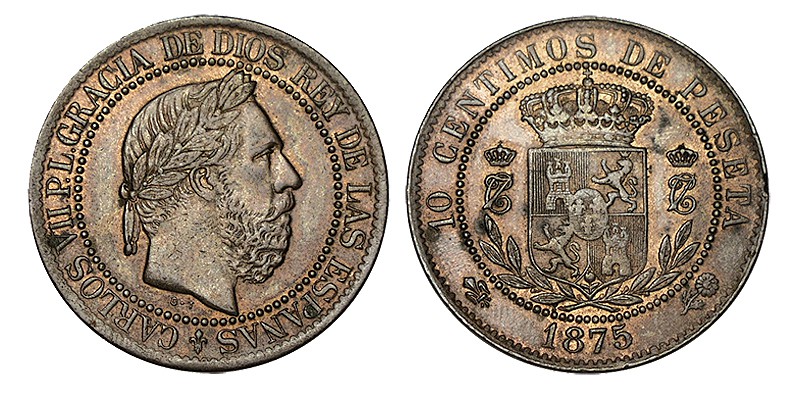 10 CÉNTIMOS. Carlos VII. 1875 (Acuñadas en Bruselas). C-8. 10,24 g. Brillo origi...