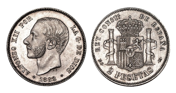 2 PESETAS. 1882 (18-82). MS-M. XC- 51. 9,96 g. Bonito tono. EBC+/EBC