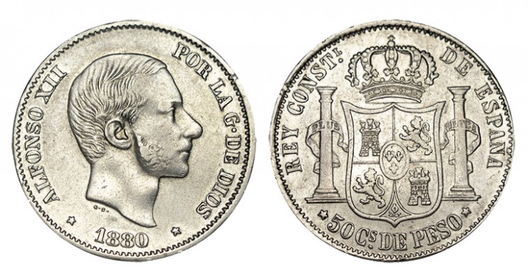 50 CENTAVOS DE PESO. Filipinas. 1880. XC-78. Ly.: Raya de separación de las flor...