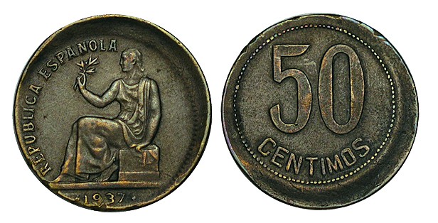 50 CÉNTIMOS. Segunda república. 1937. Desplazada 7h. 12%. 5,86 g. MUY RARA. MBC+...