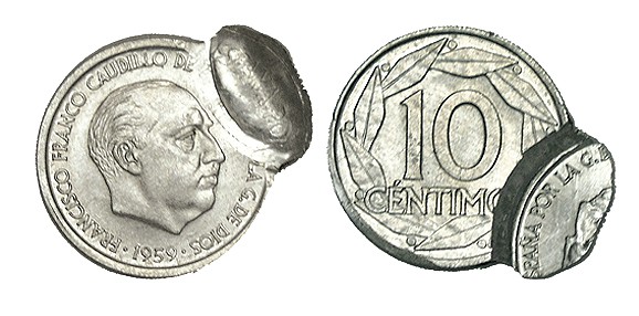 10 CÉNTIMOS. 1959. Doble acuñación, anverso sobre reverso y viceversa. Cospel de...