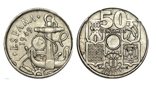 50 CÉNTIMOS. Francisco Franco. 1949 (xx-52). Variedad sin taladrar. XC no cita e...
