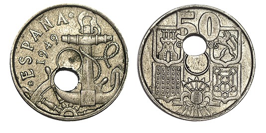 50 CÉNTIMOS. Francisco Franco. 1949. (19-53). Variedad taladro central desplazad...