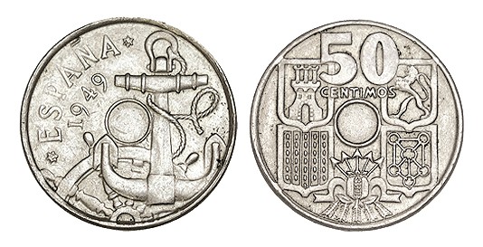 50 CÉNTIMOS. 1949 (19-62). Variedad sin taladrar. 4,24 g. MUY RARA. EBC-