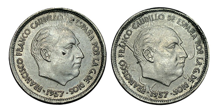 25 PESETAS. Francisco Franco. 1957. Posible prueba en metal blanco con dos anver...