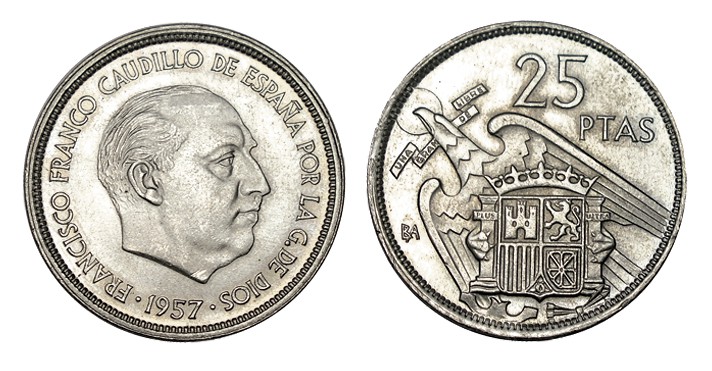 25 PESETAS. 1957. BA en lugar de estrella en rev. XC-139. 8,50 g. SC-
