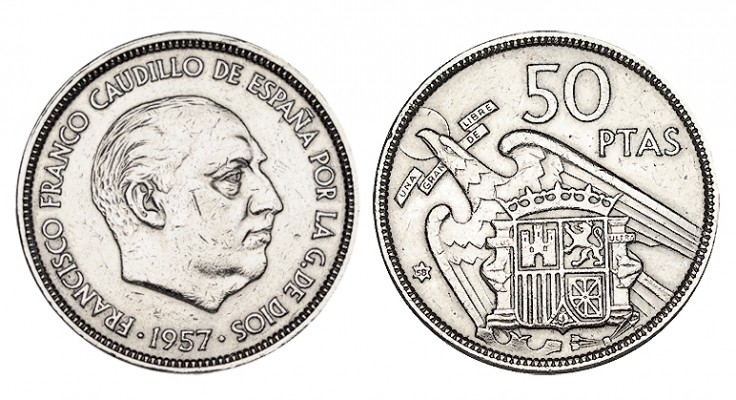 50 PESETAS. 1957 (58). En el canto: UNA LIBRE GRANDE. XC-29. 12,58 g. Buen ejemp...