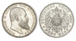 ALEMANIA. 5 Marcos. Wurttemberg. 1908-F. W/KM-632. 27,73 g. EBC/EBC+