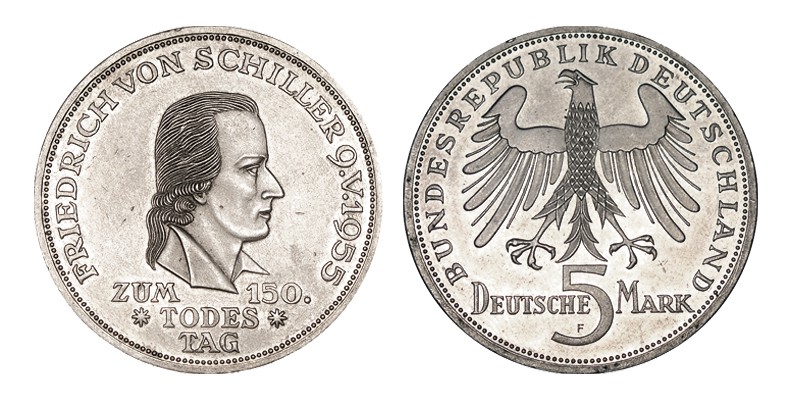 ALEMANIA. 5 Marcos. 1955-F. 150 Anniversario de la muerte de Friedrich von Schil...