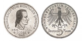 ALEMANIA. 5 Marcos. 1955-F. 150 Anniversario de la muerte de Friedrich von Schiller. W/KM-114. 11,24 g. ESCASA. EBC+/SC