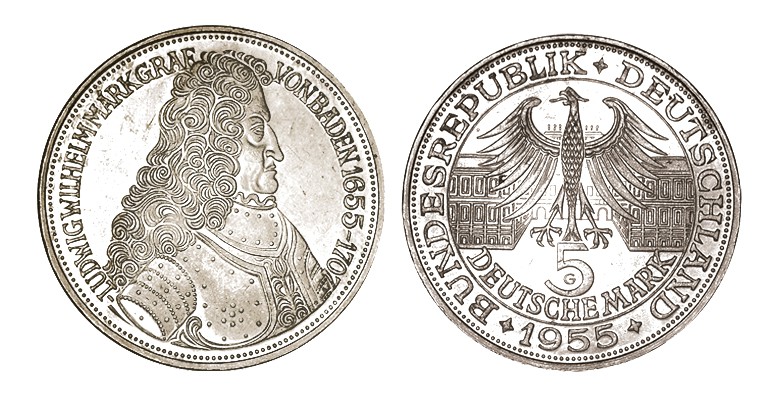 ALEMANIA. 5 Marcos. 1955-G. 300 Anniversario nacimiento Ludwig von Baden. W/KM-1...