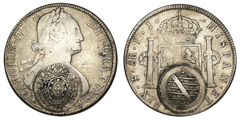 BRASIL. Resello de 960 Reis. Minas Gerais, sobre pieza de 8 Reales de Carlos IV....