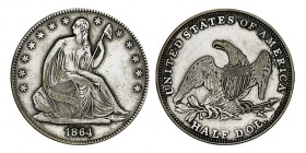 ESTADOS UNIDOS. 1/2 Dólar. 1864. Falsa de época en latón plateado. W/KM-A68. 12,51 g. RARA. EBC-