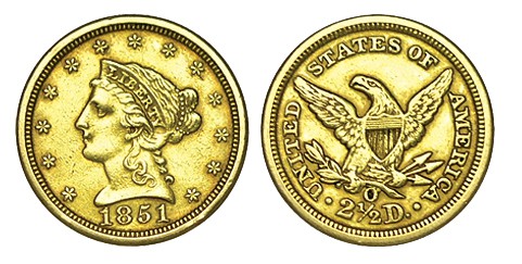 ESTADOS UNIDOS. 2 1/2 Dólares. Nueva Orleans. 1851-O. W/KM-72. 4,15 g. ESCASA- M...