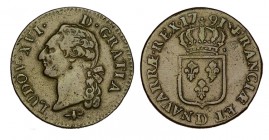 FRANCIA. 1 Sol. Luis XVI. Lyon. 1791-D. W/KM-578.5. 11,99 g. Buena acuñación. ESCASA. EBC-