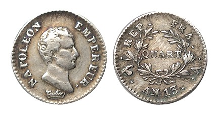 FRANCIA. 1/4 Franco. Napoleón. París. AN 13. LF-158-8. 1,26 g. MBC