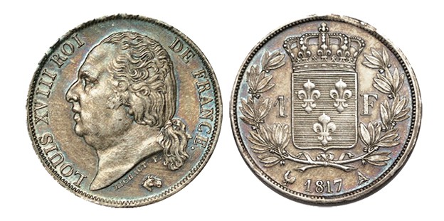 FRANCIA. 1 Franco. Luis XVIII. París. 1817-A. LF/F.206/9. 5,02 g. Bonita pátina....