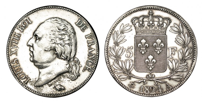 FRANCIA. 5 Francos. Luis XVIII. París. 1824-A. W/KM-711.1, VG-614. 25,06 g. EBC-...