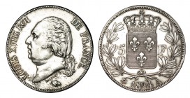 FRANCIA. 5 Francos. Luis XVIII. París. 1824-A. W/KM-711.1, VG-614. 25,06 g. EBC-