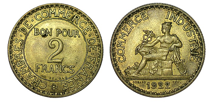FRANCIA. 2 Francos. 1922. LF- 267.4, W/KM 877. 7,93 g. Difícil así. SC