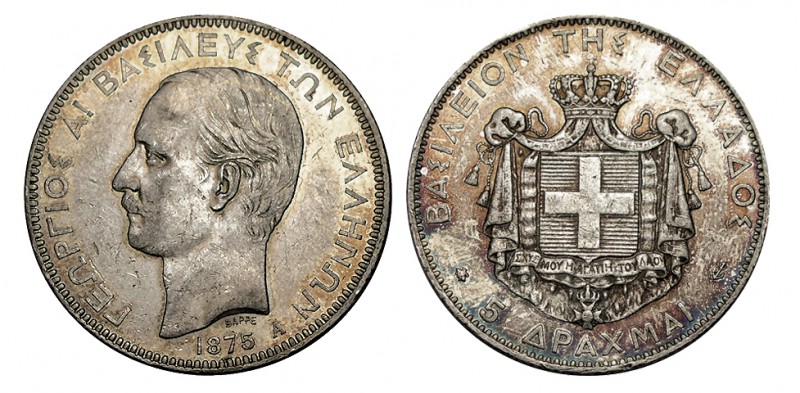 GRECIA. 5 Dracmas. George I. 1875-A. W/KM-46. Bonito ejemplar con restos de B.O....