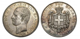 GRECIA. 5 Dracmas. George I. 1875-A. W/KM-46. Bonito ejemplar con restos de B.O. 24,99 g. EBC
