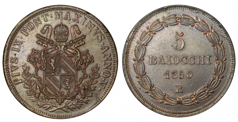ITALIA. Vaticano. 5 Baiocchi. 1850-VR. Pio IX. W/KM-1346. 39,68 g. EBC