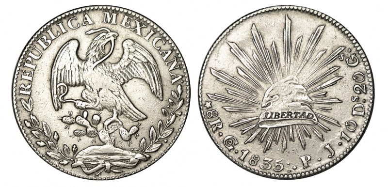 MÉXICO. 8 Reales. Guanajuato. 1835-PJ. W/KM-377.8. 26,98 g. MBC+