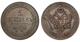 RUSIA. 5 Kopecks. Alejandro I. Ekaterimburgo. 1802. Sin punto después de la fecha. W/C-115.1 (Vte.). 49,55 g. ESCASA. EBC