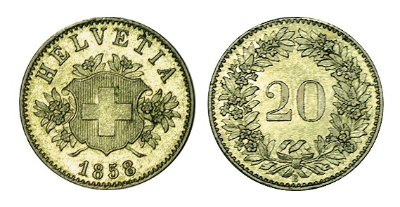SUIZA. 20 Rappen. 1858-B. W/KM-7. 3,27 g. SC