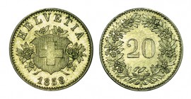 SUIZA. 20 Rappen. 1858-B. W/KM-7. 3,27 g. SC