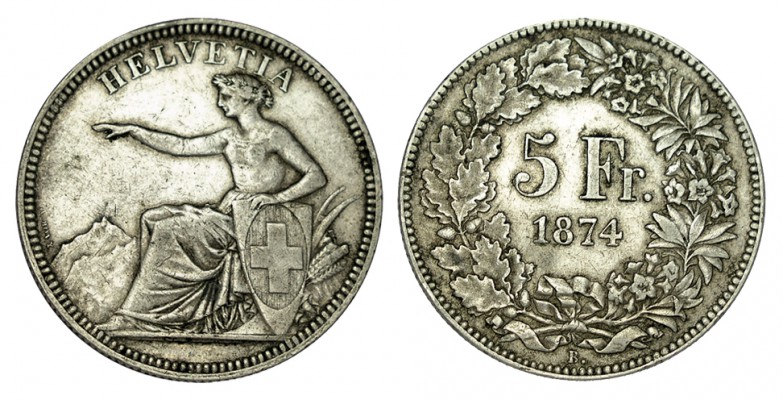 SUIZA.5 Francos. 1874-B. W/KM-11. 25,00 g. MBC/MBC+