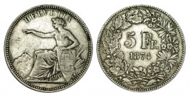 SUIZA.5 Francos. 1874-B. W/KM-11. 25,00 g. MBC/MBC+