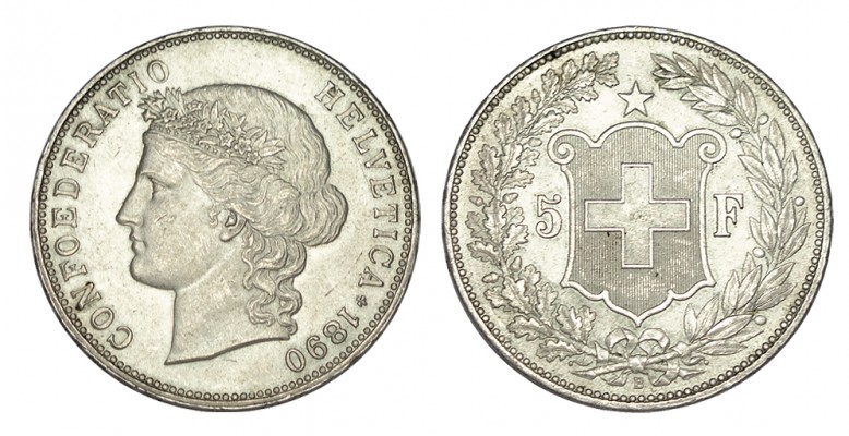 SUIZA. 5 Francos. 1890. W/KM-34. 25,05 g. Rara y más en esta conservación. EBC+/...