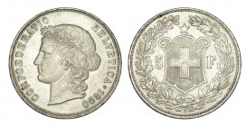 SUIZA. 5 Francos. 1890. W/KM-34. 25,05 g. Rara y más en esta conservación. EBC+/SC