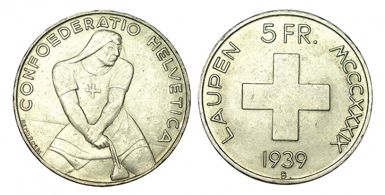 SUIZA.5 Francos. 1939-B. W/KM-42. 15,02 g. SC