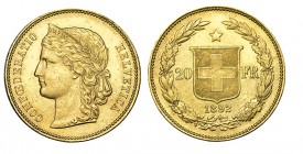 SUIZA. 20 FRANCOS. 1892-B. W/KM-31,3. 6,44 g. EBC