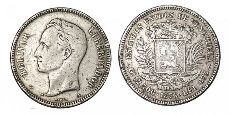 VENEZUELA. 50 Centavos. 1876-A. W/Y-15. 12,24 g. MBC