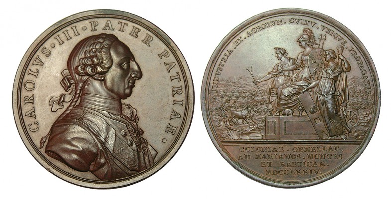 ESTABLECIMIENTO DE LAS COLONIAS DE SIERRA MORENA. 1774. Bronce. Ø 56 mm. Gr. F.G...
